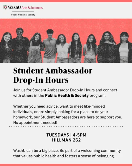 Student Ambassador Drop-In Hours flyer, Tuesdays 4-5PM, Hillman 262