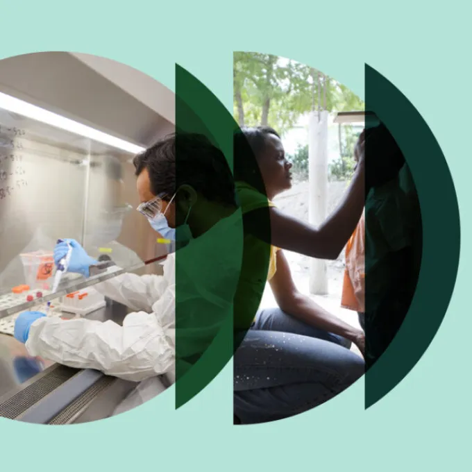 image of people working superimposed on the Here and Next Strategic Initiative logo