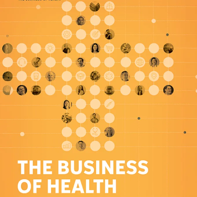 medical cross on an orange background with the text "The Business of Health"