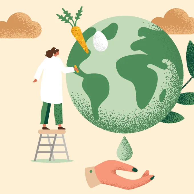 cartoon graphic of an earth with crops, a scientist, and cutlery for food